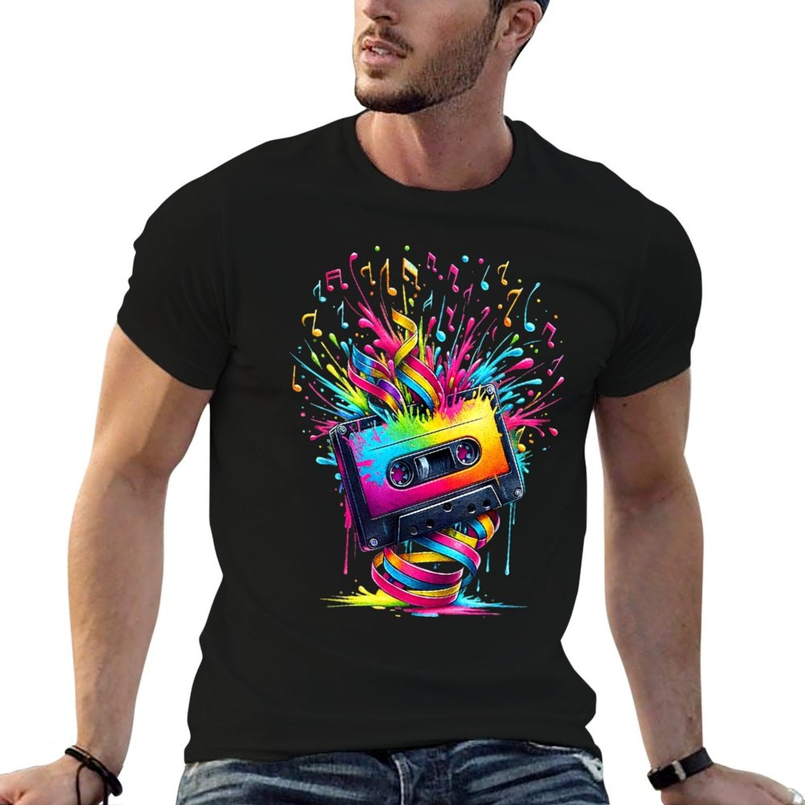 80s 90s Music Notes Cassette Tape Music  Fade-proof Color T-Shirt