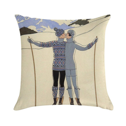 Skiing Kissing Couple Vintage French Sport Fashion Illustration Soft Anti-Pilling Throw Pillow