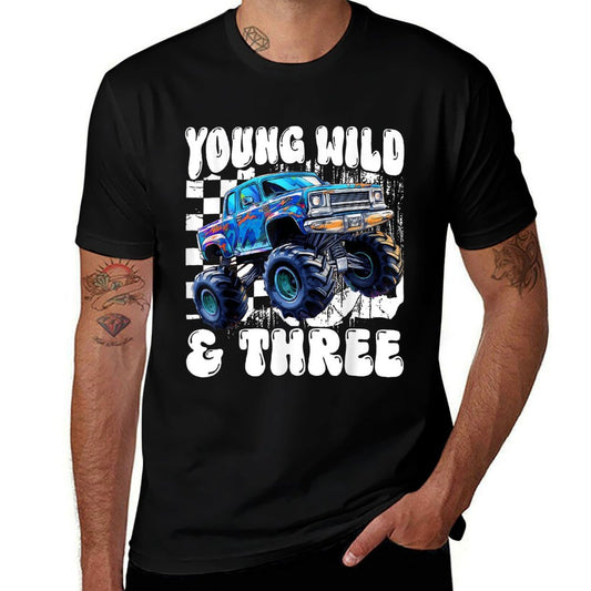 3rd Birthday Monster Truck Young Wild And Three 3 Year Old  Tagless Design T-Shirt