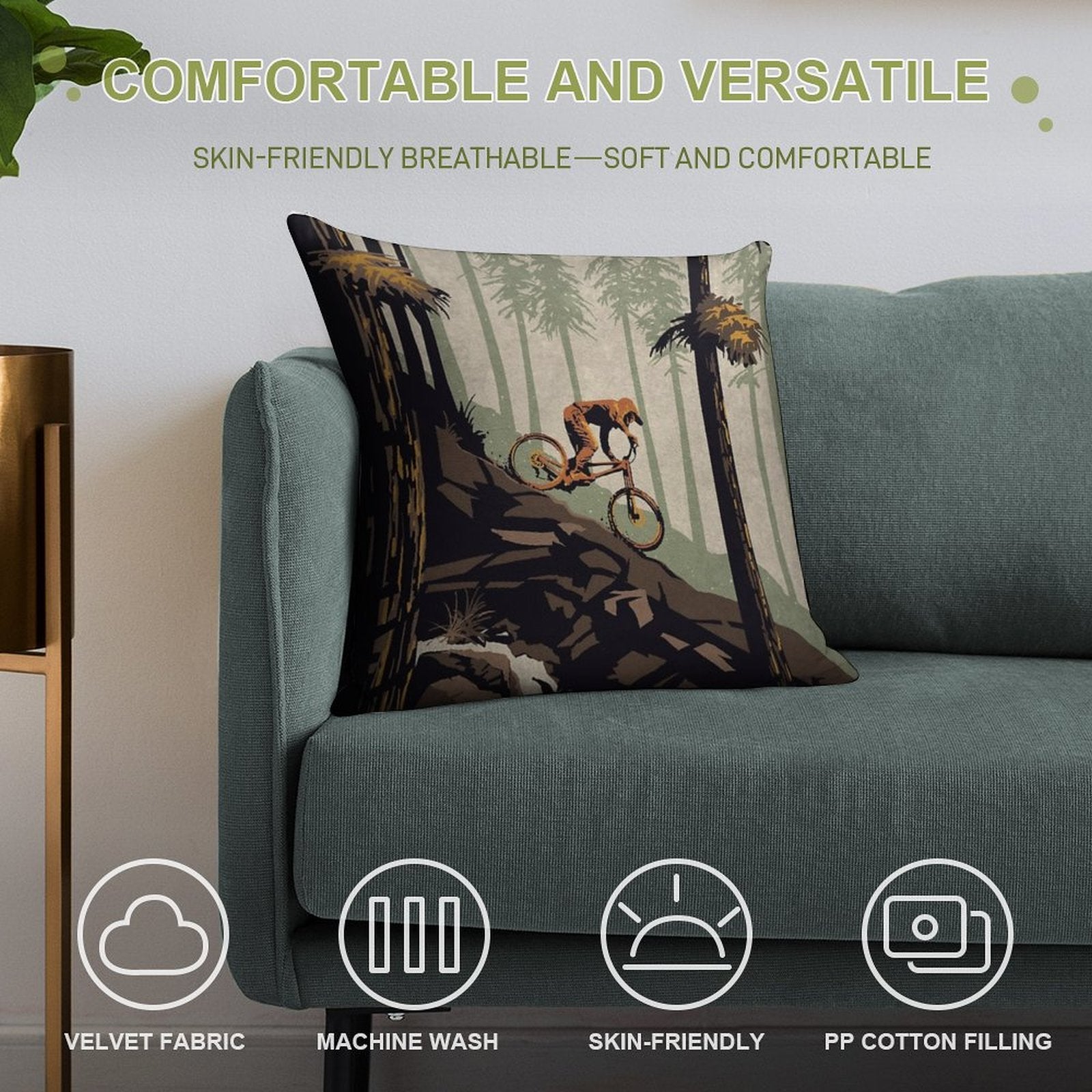 Retro Scenic Mountain Bike Poster Art Think Outside, No Box Required! Soft Shrink-Resistant Throw Pillow