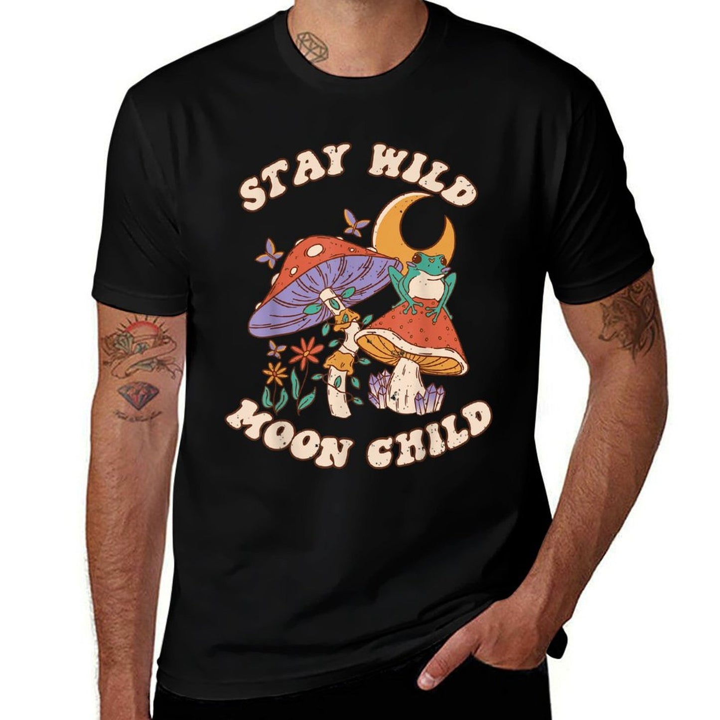 Vintage Retro Stay Wild Moon Child Frog Mushroom Hippie Rolled Sleeves T-Shirt