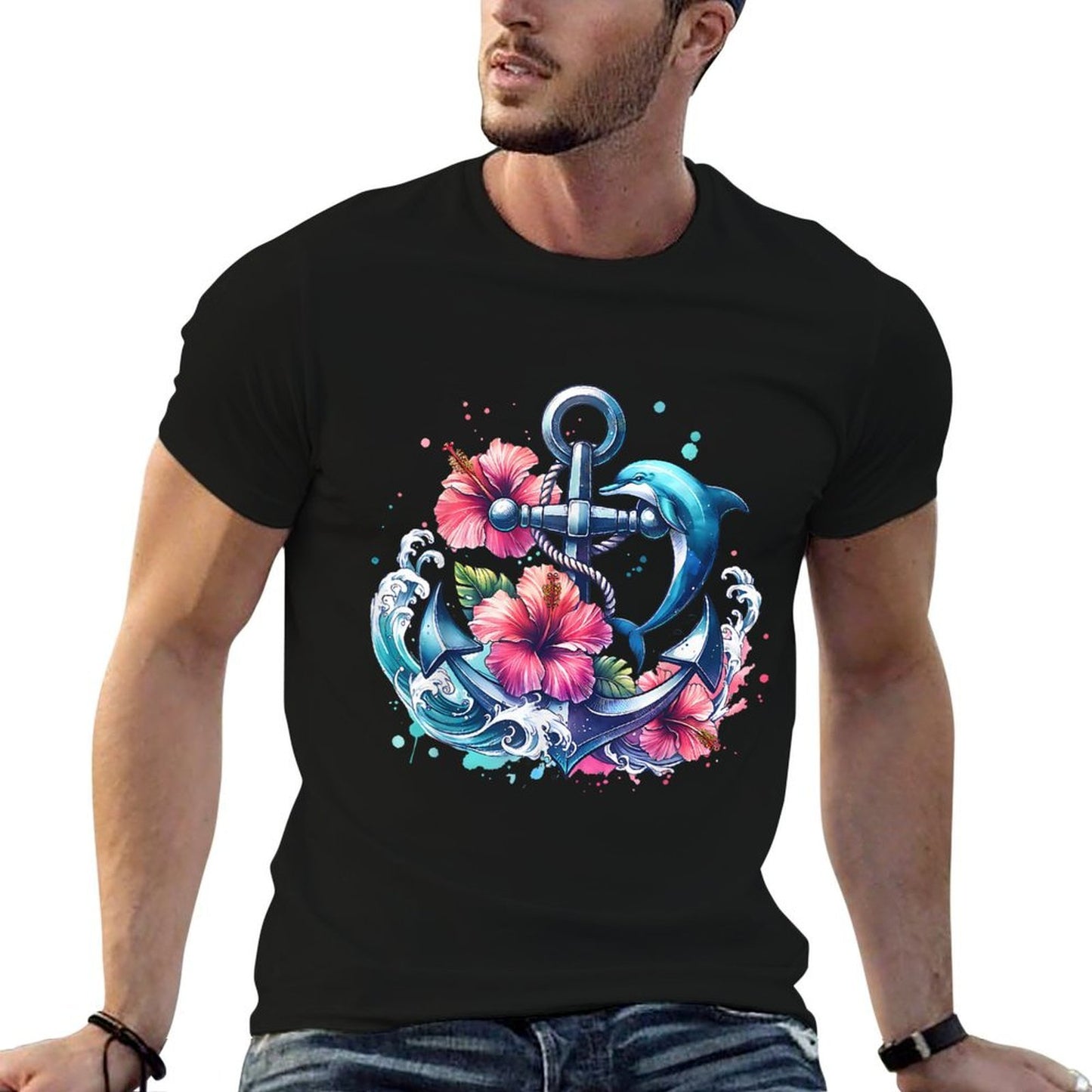 Watercolor Floral Anchor Dolphin Nautical Sea Animal Summer Breathable T-Shirt
