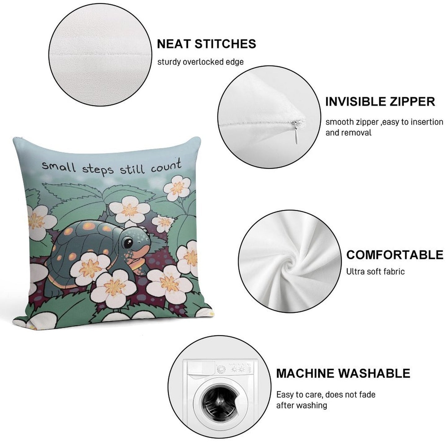 Small Steps Still Count Baby Turtle in Strawberry Flowers Soft Warmth Comfort Throw Pillow