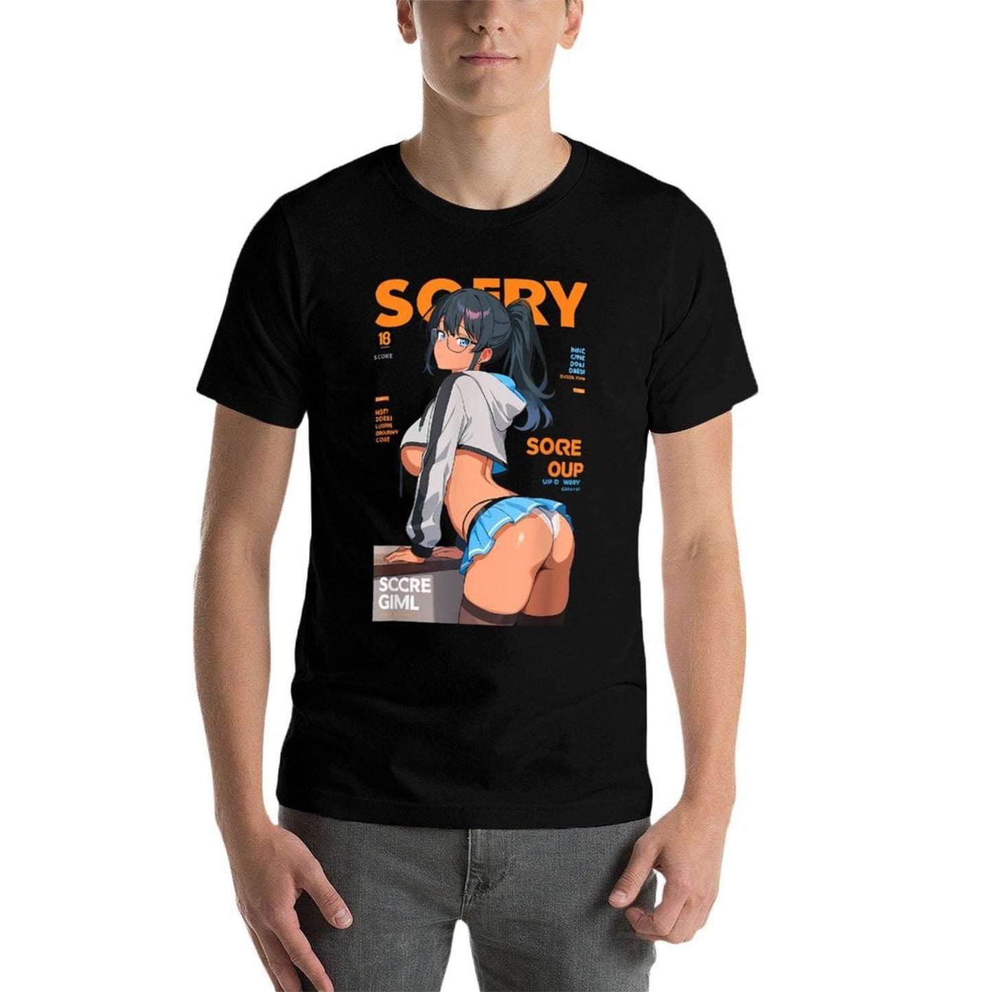 Waifu Sexy Anime Girl Model Cover Page Japanese Style Ribbed Collar T-Shirt