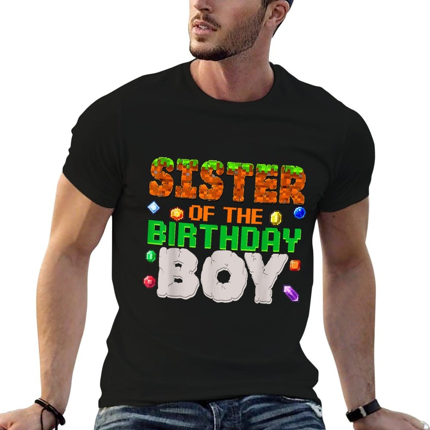 Sister Of The Birthday Boy Video Gamer Pixel Number  Cotton T-Shirt