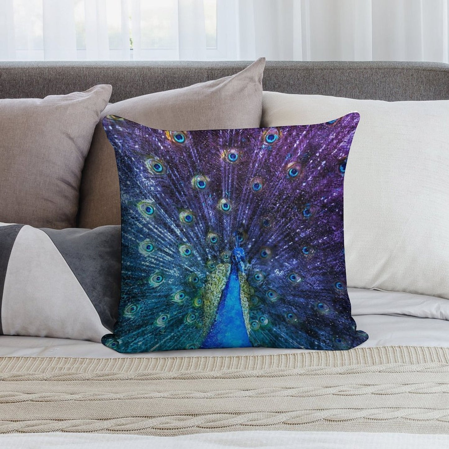 Watercolor Peacock in Purple Soft Warmth Comfort Throw Pillow