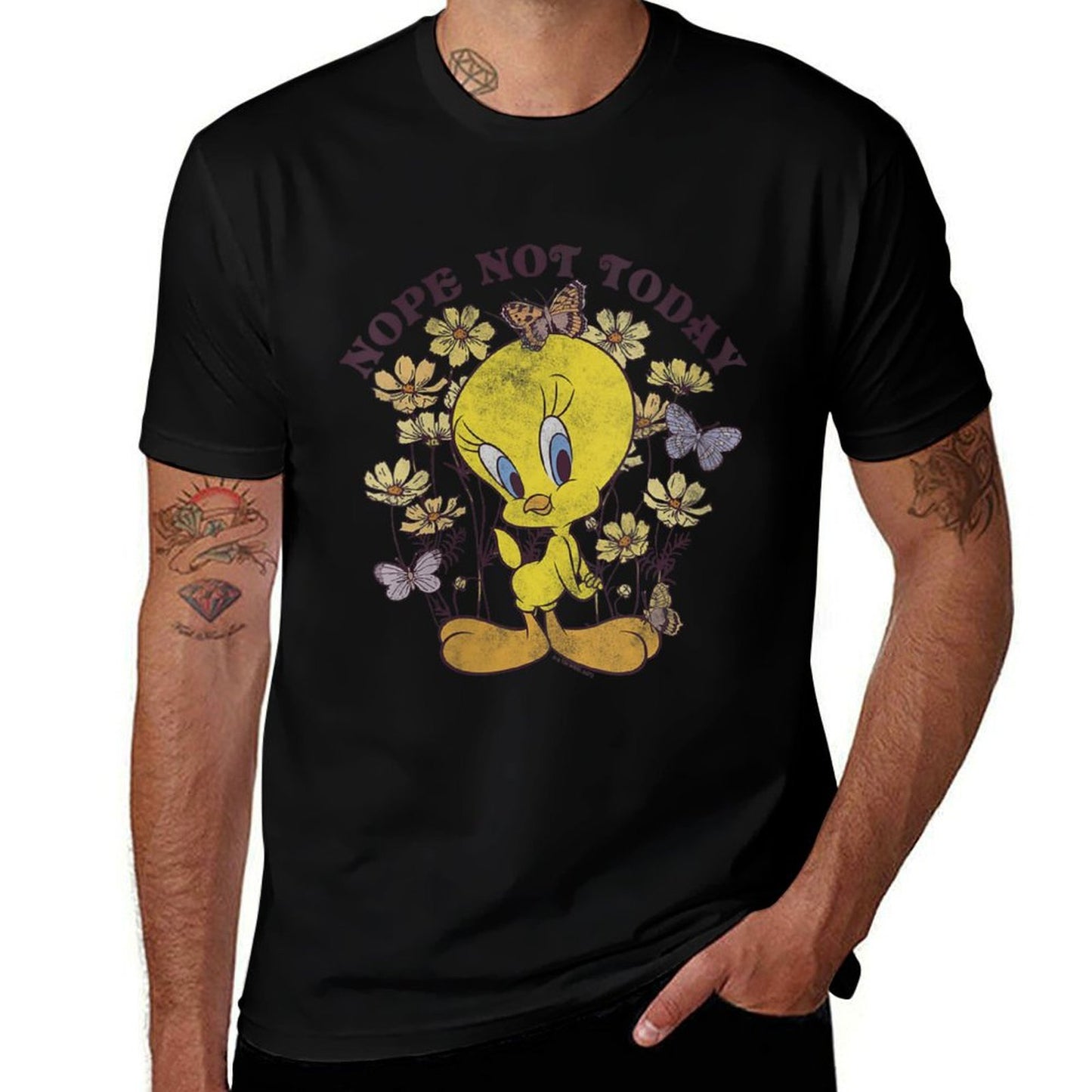 Womens Looney Tunes Tweety Bird Floral Butterfly Nope Not Today Oversized Silhouette T-Shirt