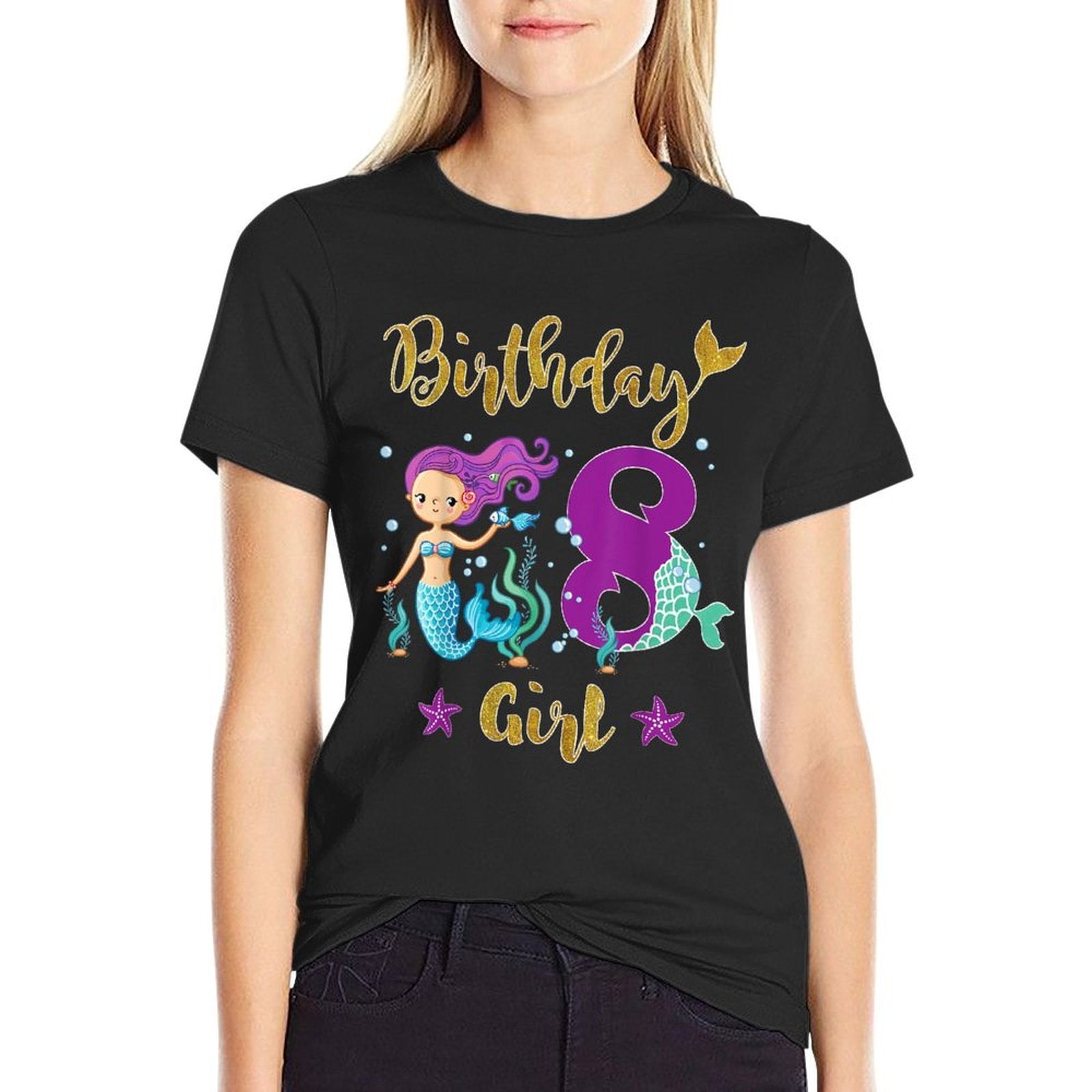 8 Year Old Mermaid Birthday Gift for Girls  Ribbed Collar T-Shirt