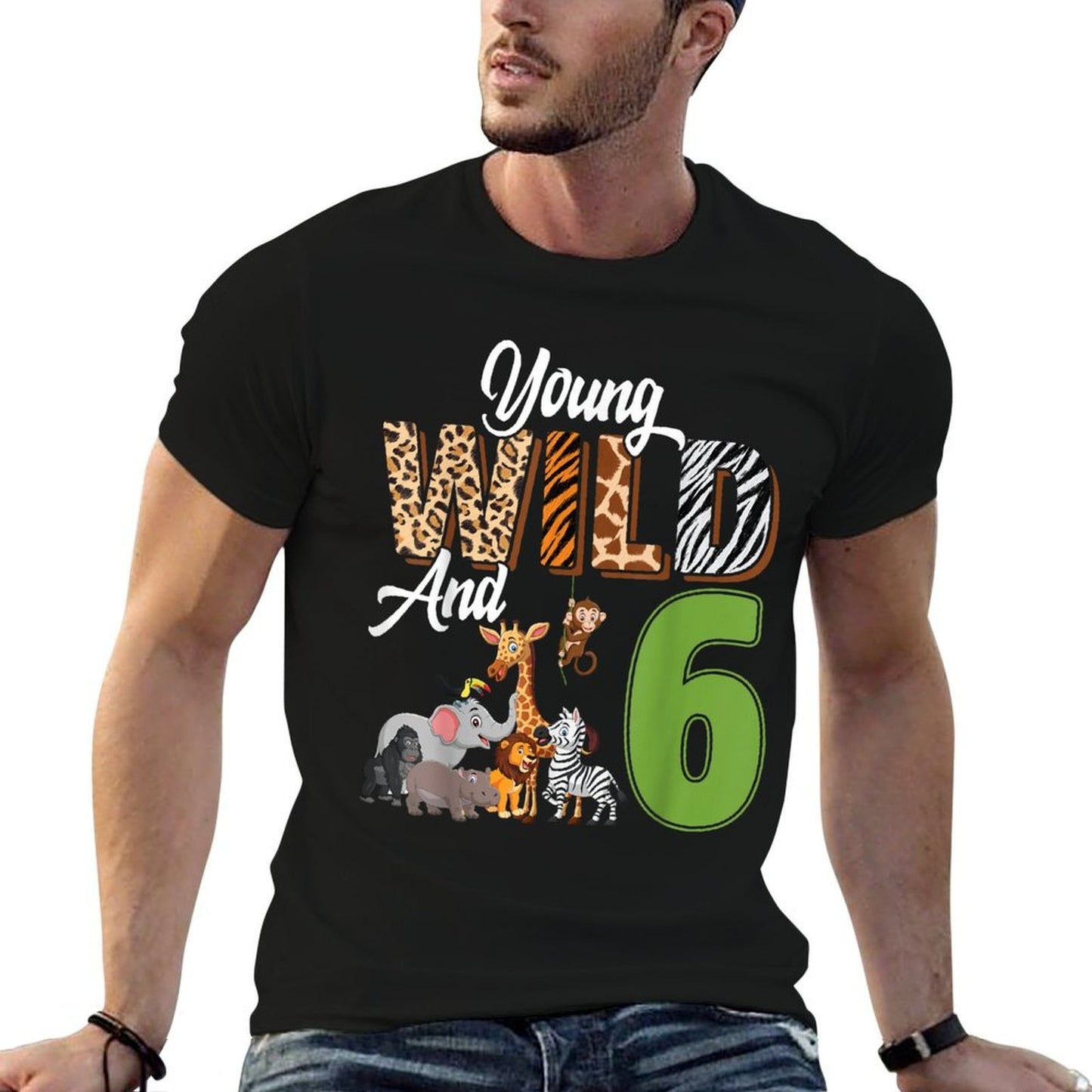 Young Wild And 6 Year Old 6th Birthday Safari Zoo Animal Rolled Sleeves T-Shirt