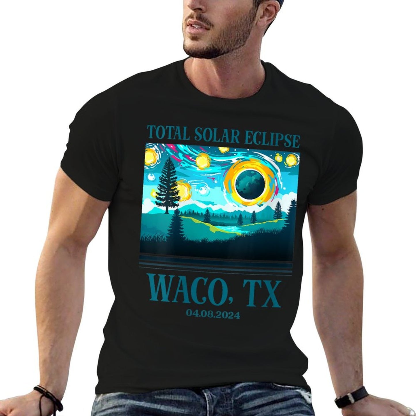 Womens 2024 Total Solar Eclipse Waco TX Texas Totality Landscape Polyester Blend T-Shirt