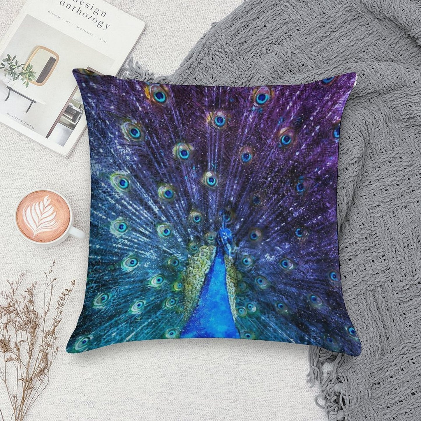 Watercolor Peacock in Purple Soft Warmth Comfort Throw Pillow