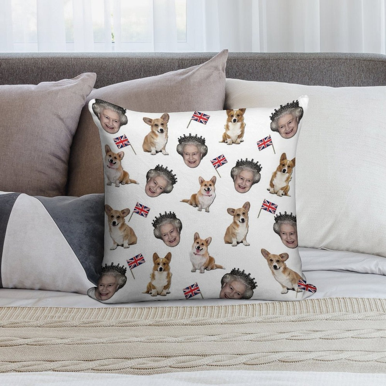 Queen Elizabeth And Corgis Pattern Soft Home Decor Throw Pillow