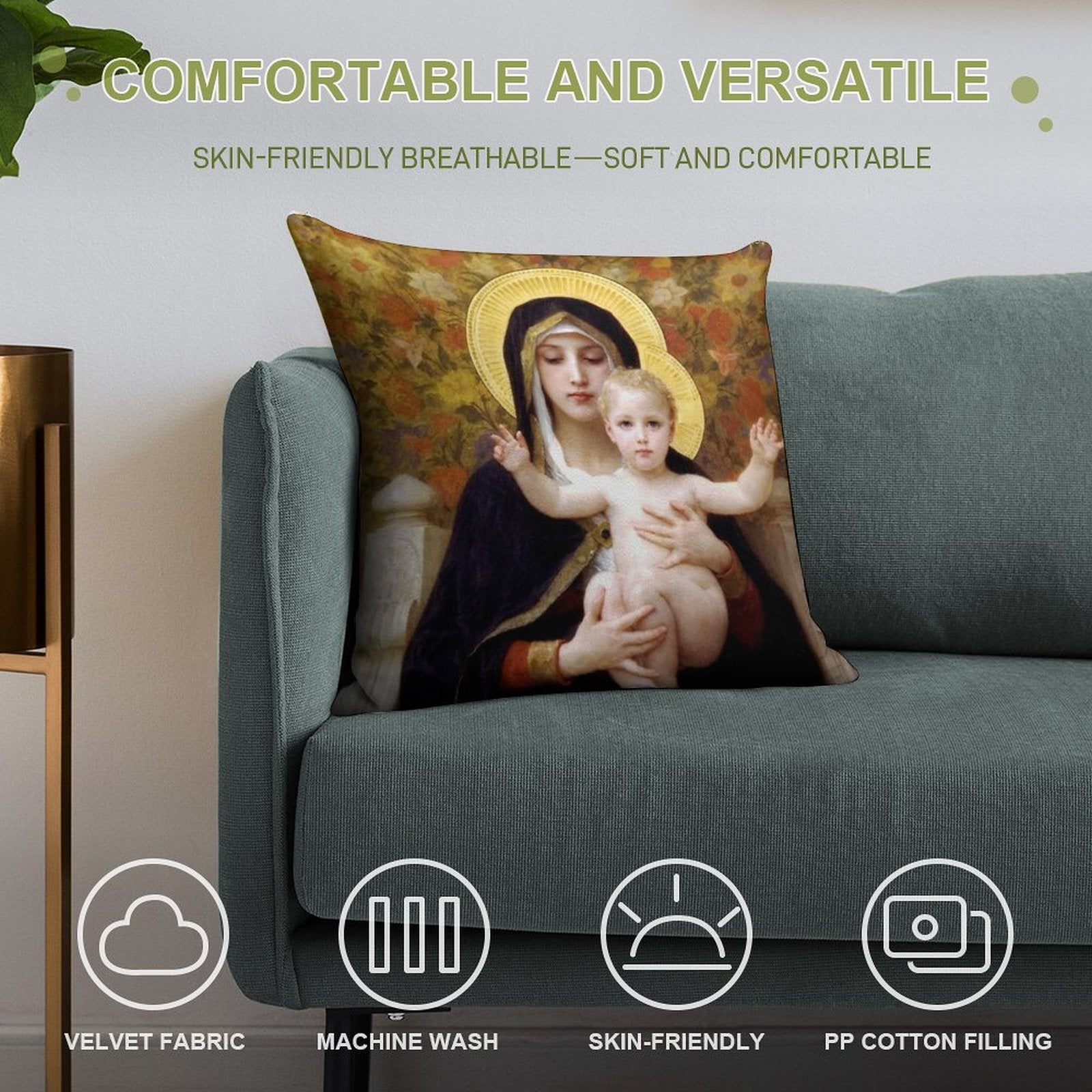 Our Lady Virgin of The Lilies, Bouguereau Soft Decorative Cover Throw Pillow