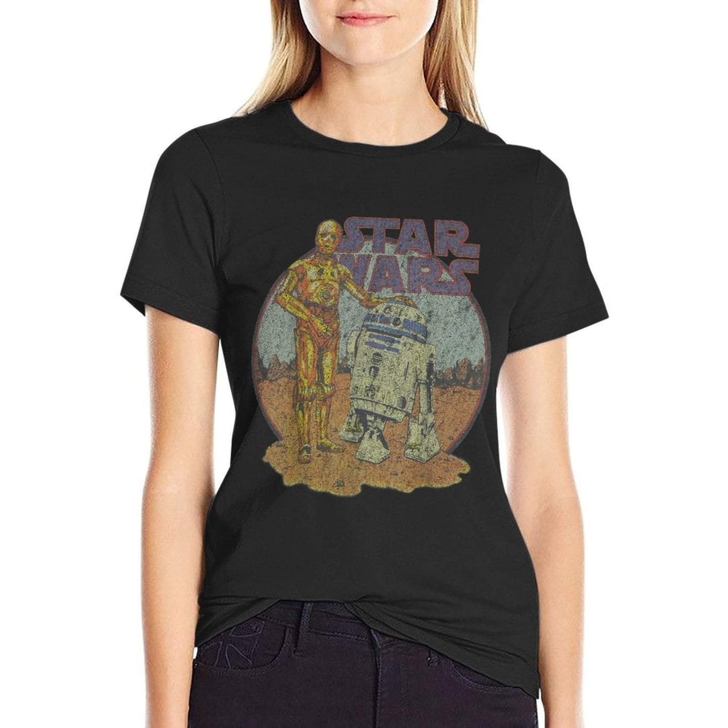 Star Wars R2-D2 C-3PO Distressed Portrait Ribbed Collar T-Shirt