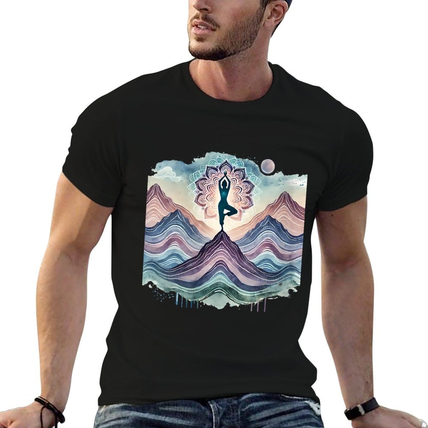 Womens Abstract Yoga Art, Tree Pose with Mandala Mountain Landscape Breathable T-Shirt