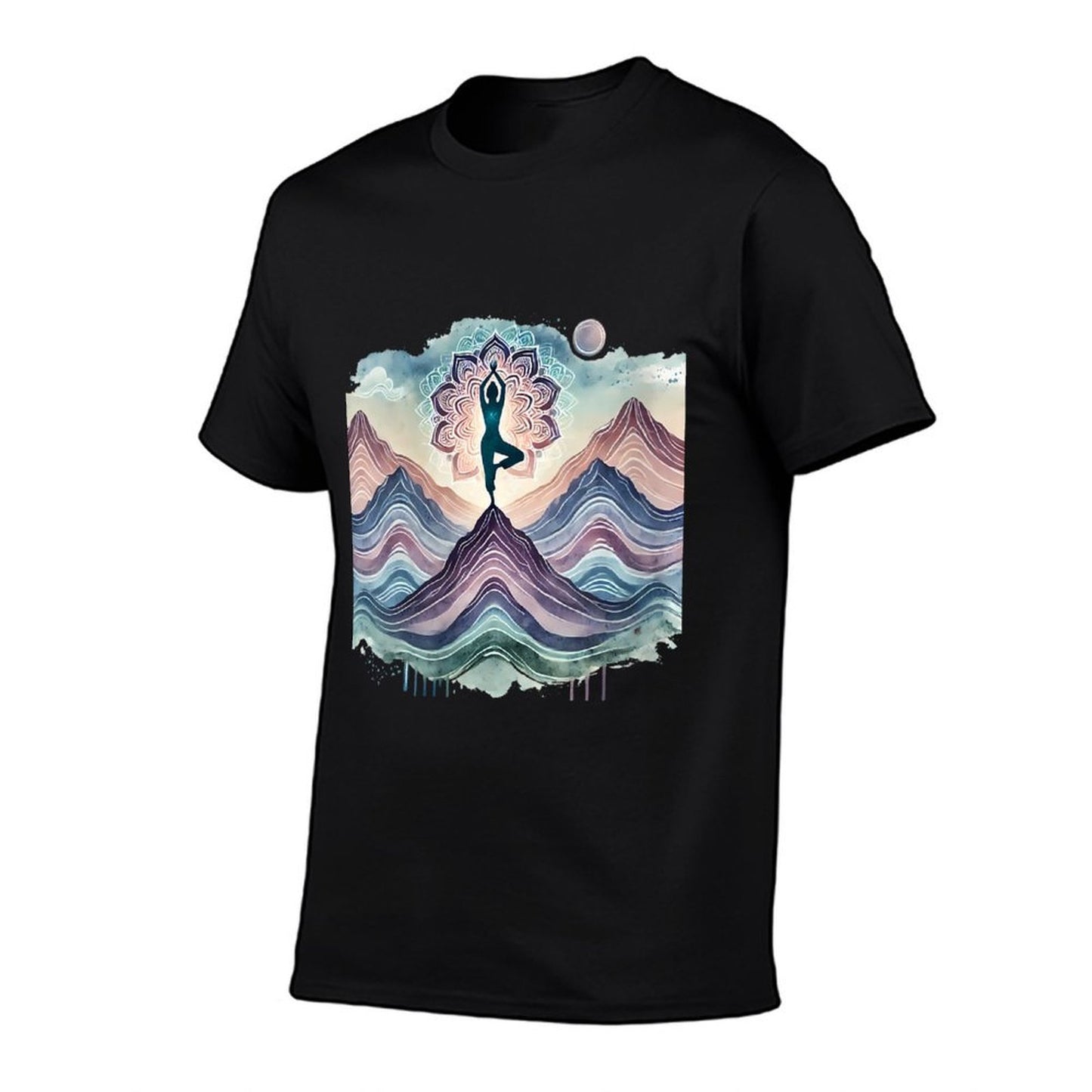 Womens Abstract Yoga Art, Tree Pose with Mandala Mountain Landscape Breathable T-Shirt