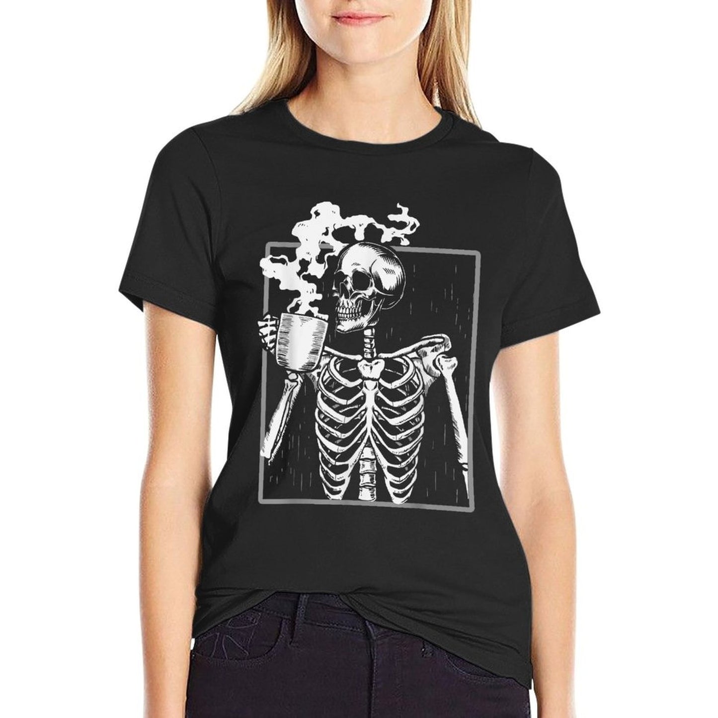 Skeleton Drinking Coffee Lover Funny Halloween Skull  Relaxed-fit T-Shirt