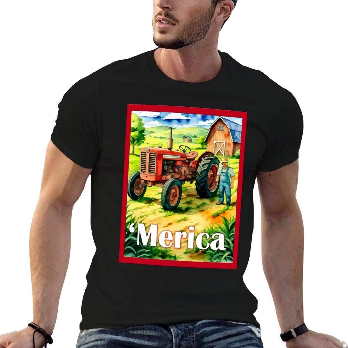 Watercolor Style Americana Farm Scene Graphic-printed T-Shirt
