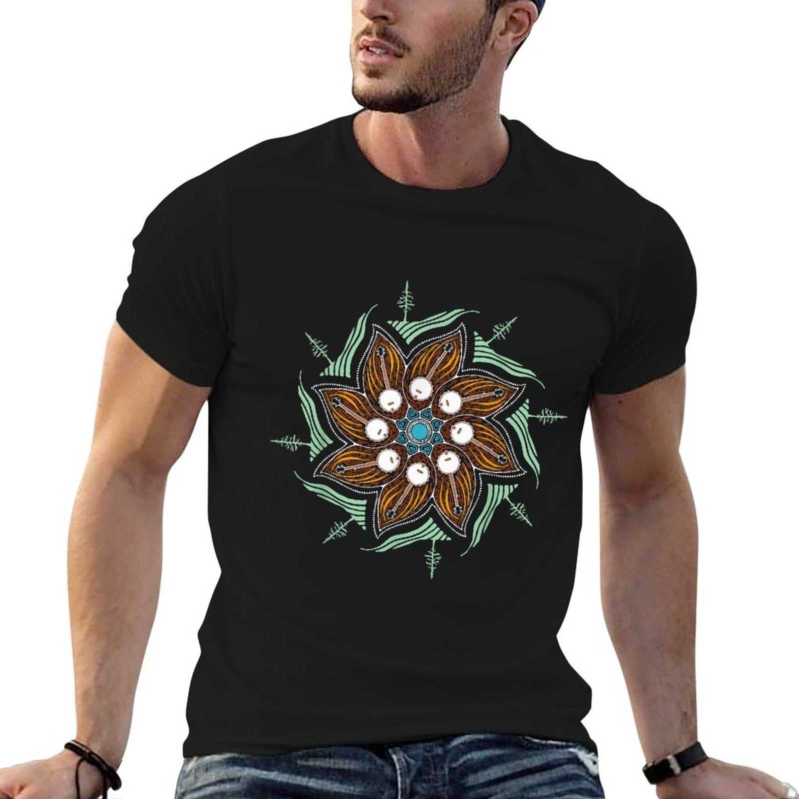 Cool Banjo Mountains  Tree Mandala Graphic  Ribbed Collar T-Shirt