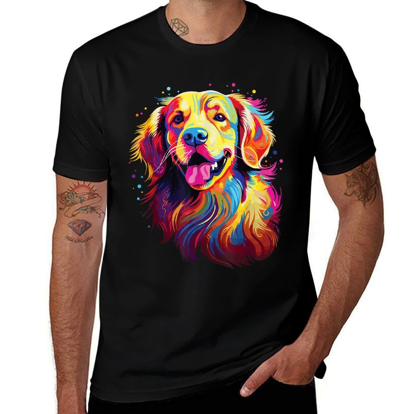 Watercolor Colorful Golden Retriever Dog Ribbed Collar T-Shirt