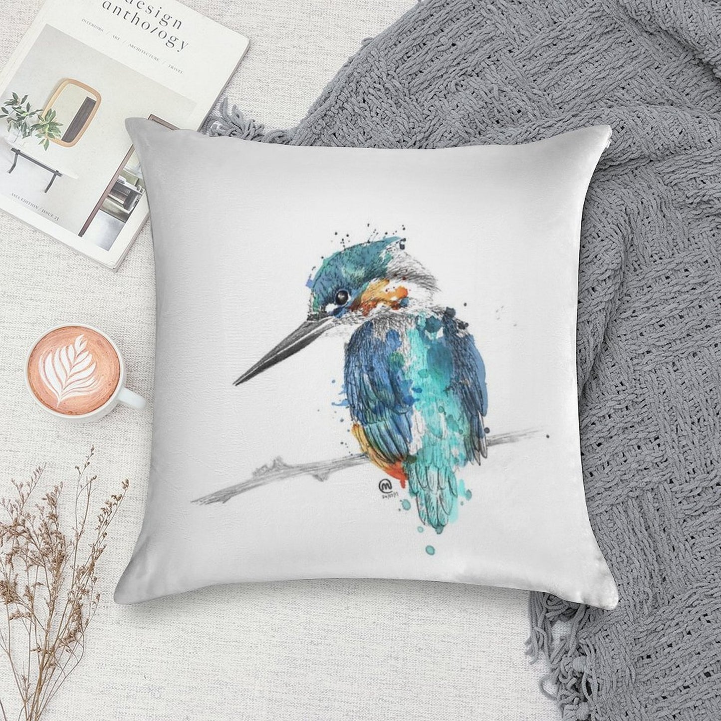 Watercolour Kingfisher Soft Easy Maintenance Throw Pillow