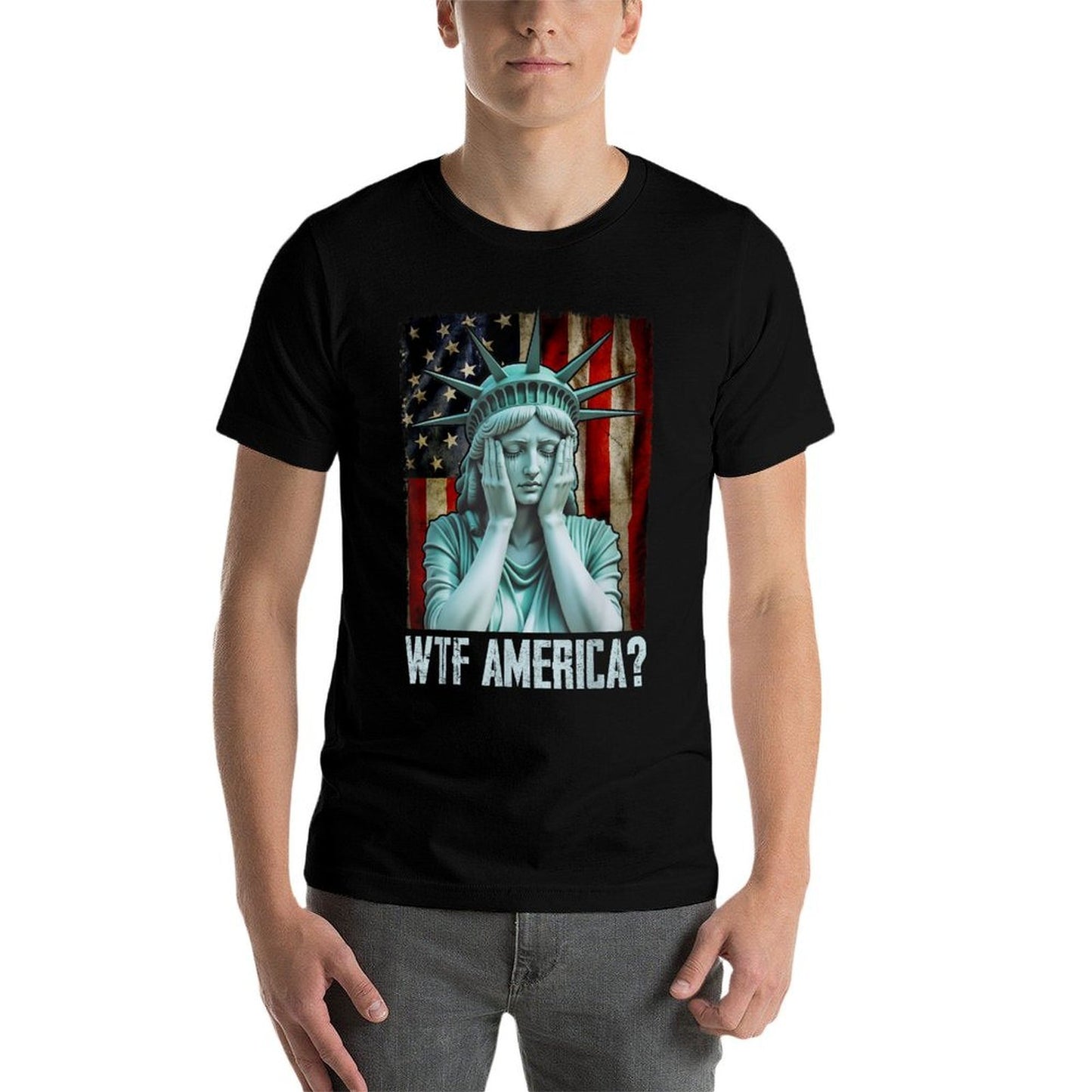 WTF America Weeping Statue of Liberty Distressed Heathered Texture T-Shirt