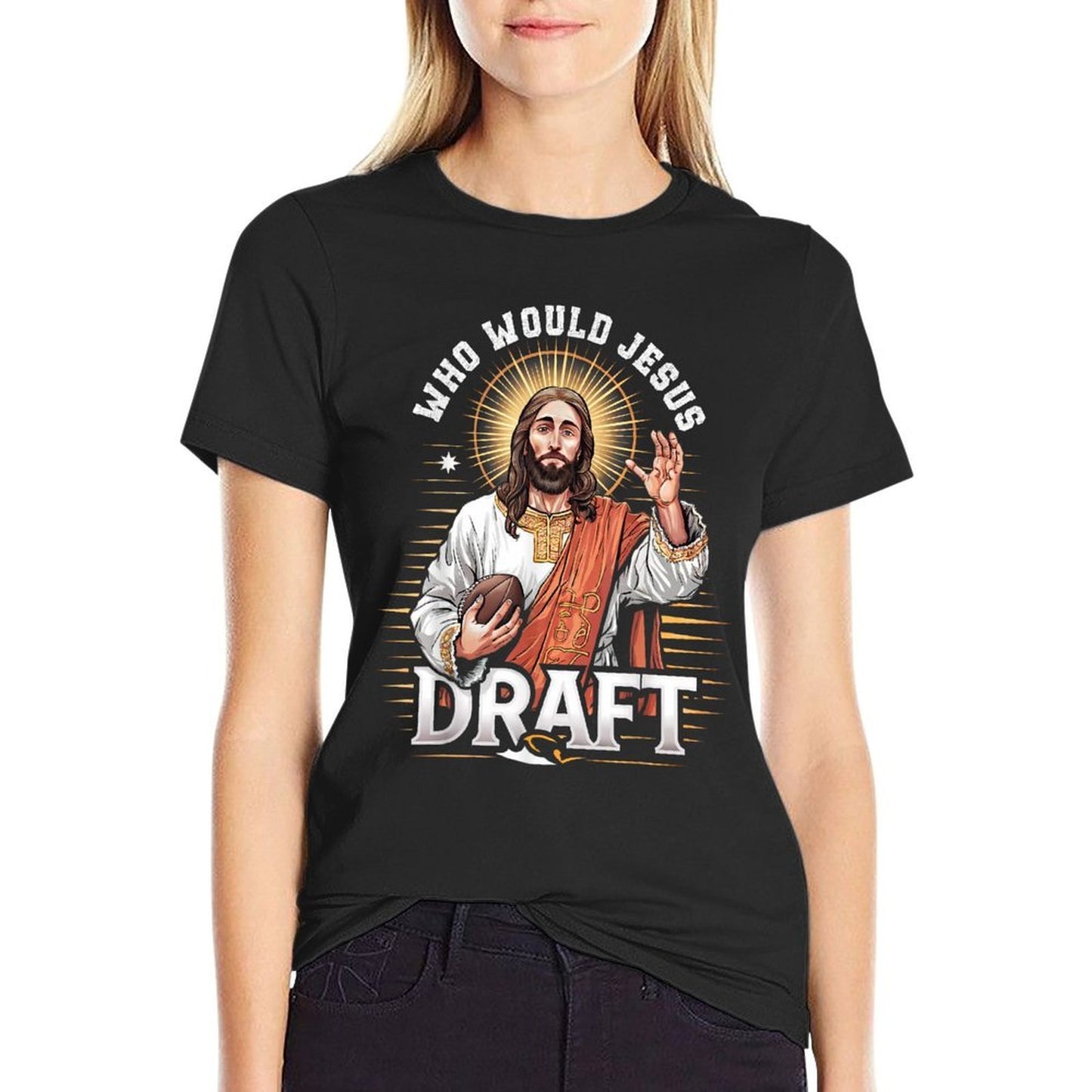 Who Would Jesus Draft Fantasy Football Fan Christian Draft Fade-proof Color T-Shirt
