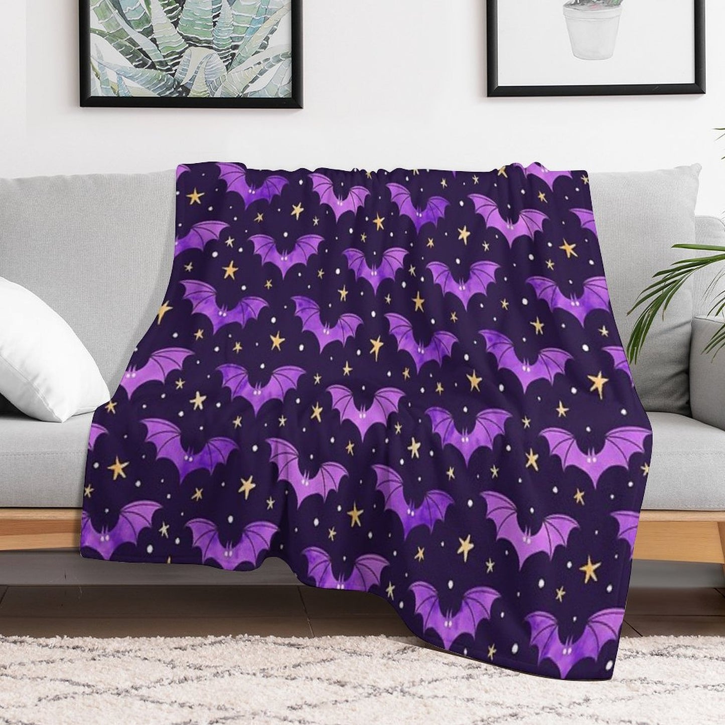 Watercolor Bats Purple on Black Comfort Throw Blanket