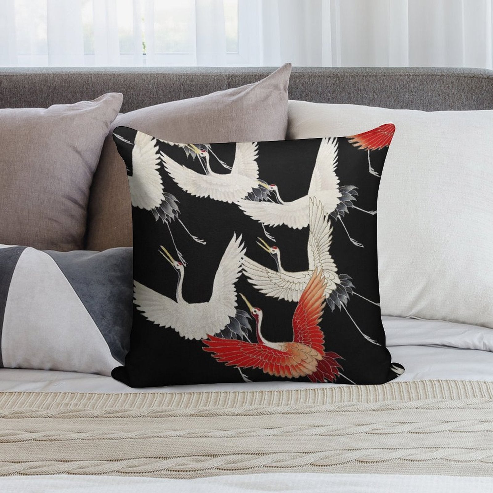 Myriad Flying Cranes in A Furisode (1910–1920) Soft Shrink-Resistant Throw Pillow