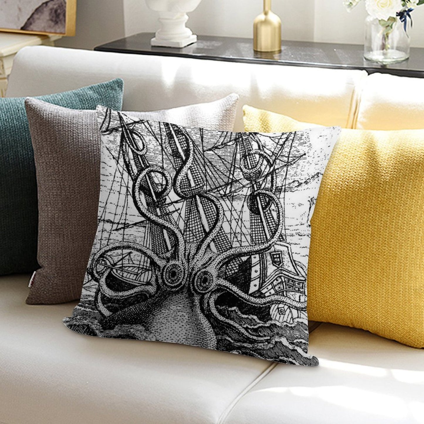 Vintage Kraken Attacking Ship Illustration Soft Short Plush Fabric Throw Pillow