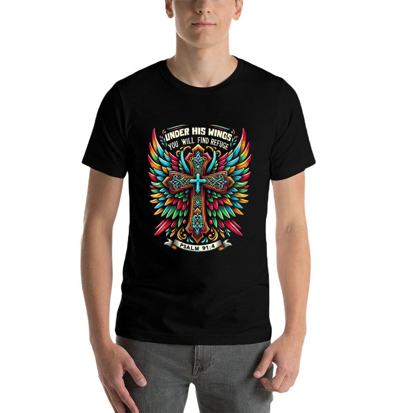 Womens Under His Wings You Will Find Refuge Psalm 91 4 Christian  High-quality Stitching T-Shirt