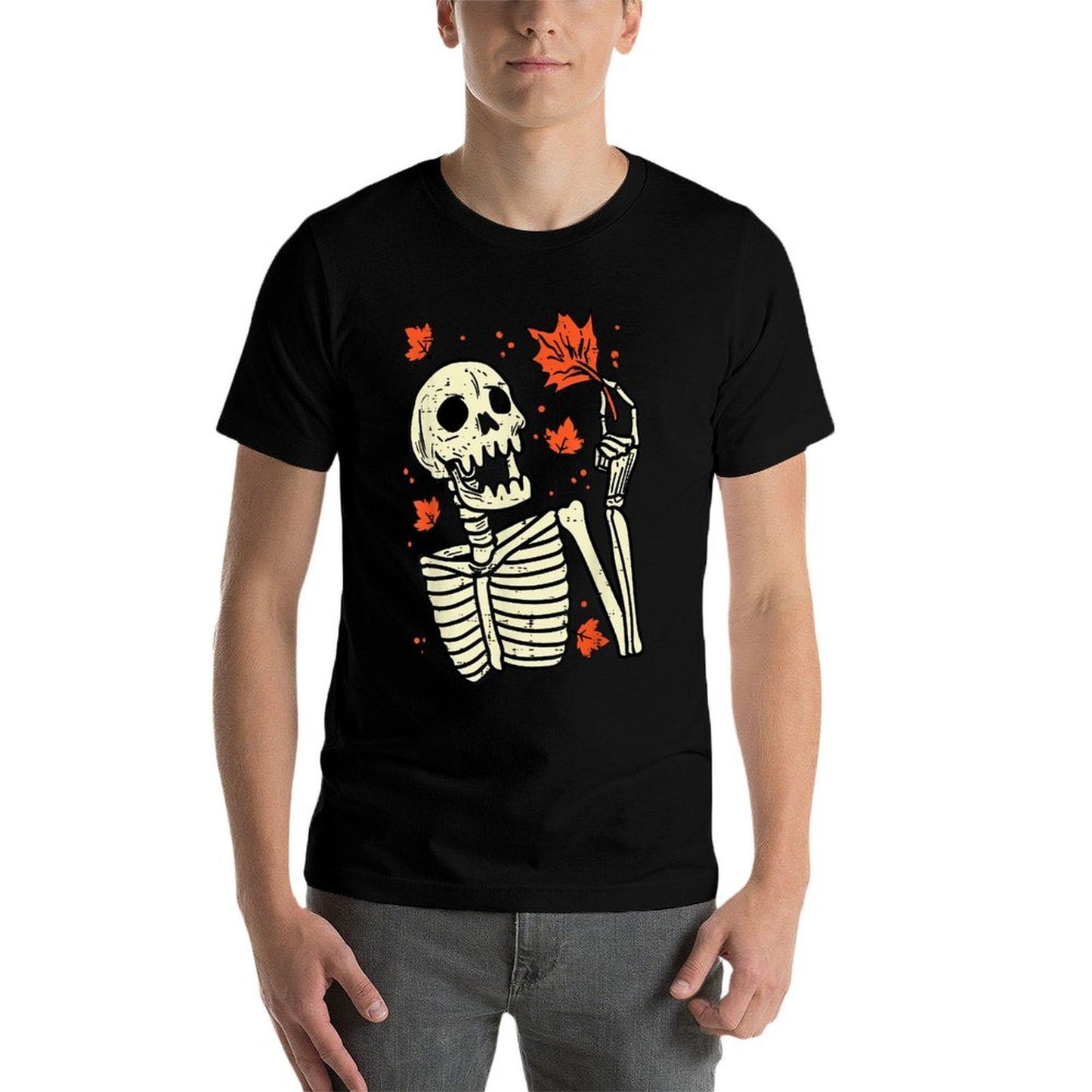 Skeleton Maple Leaf Skull Retro Vintage Halloween Fall Women  Oversized Silhouette T-Shirt