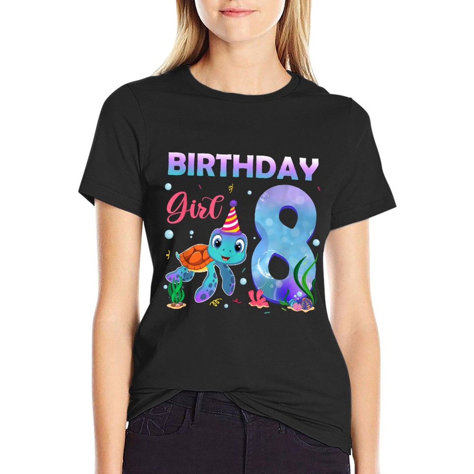 8th Birthday Girl Sea Turtle 8 Year Old Ocean Aquarium Girls  Cotton T-Shirt