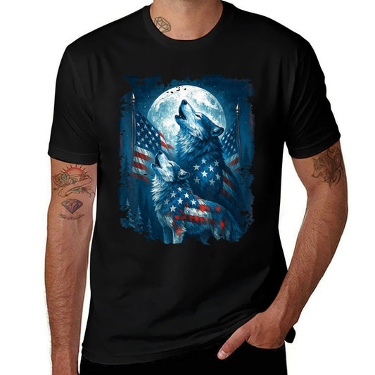 4th of July American Wolf Howling Moon Wolves July 4th  Tagless Design T-Shirt