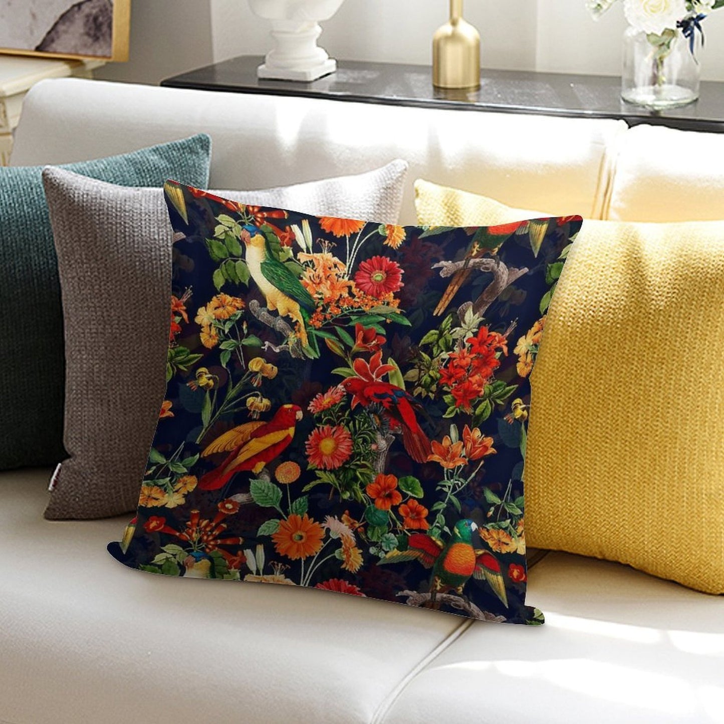 Vintage Tropical Bird Night Jungle Botanical Night Garden Dark Blue Nightgarden Soft Washable Throw Pillow