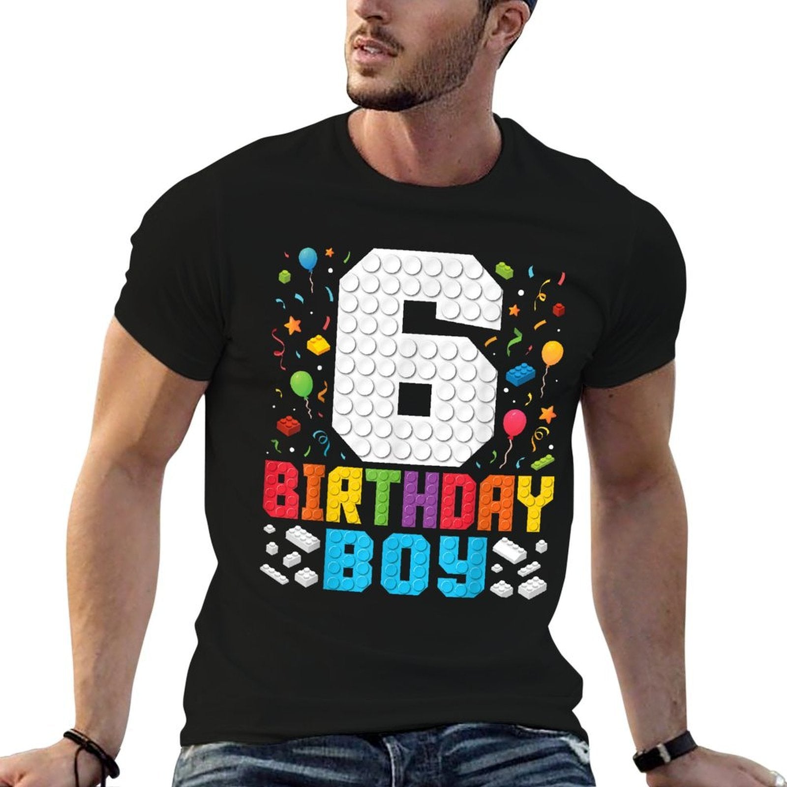 6th Birthday Boys Master Builder Six Years Blocks Building  Heathered Texture T-Shirt