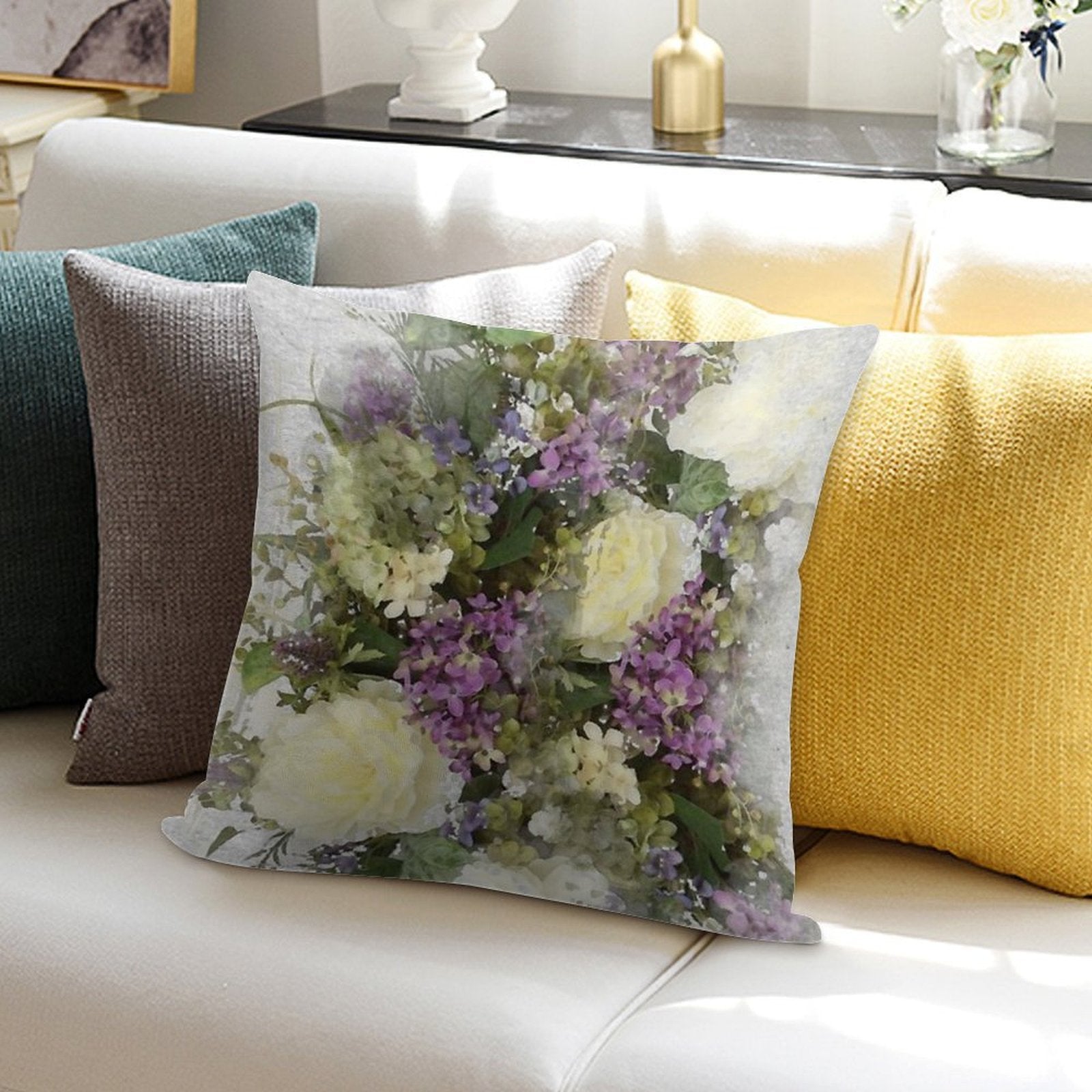 All Kinds of Lovely- A Watercolour Floral Bouquet of Cream Roses And Purple Flowers Soft Multiple Sizes Throw Pillow