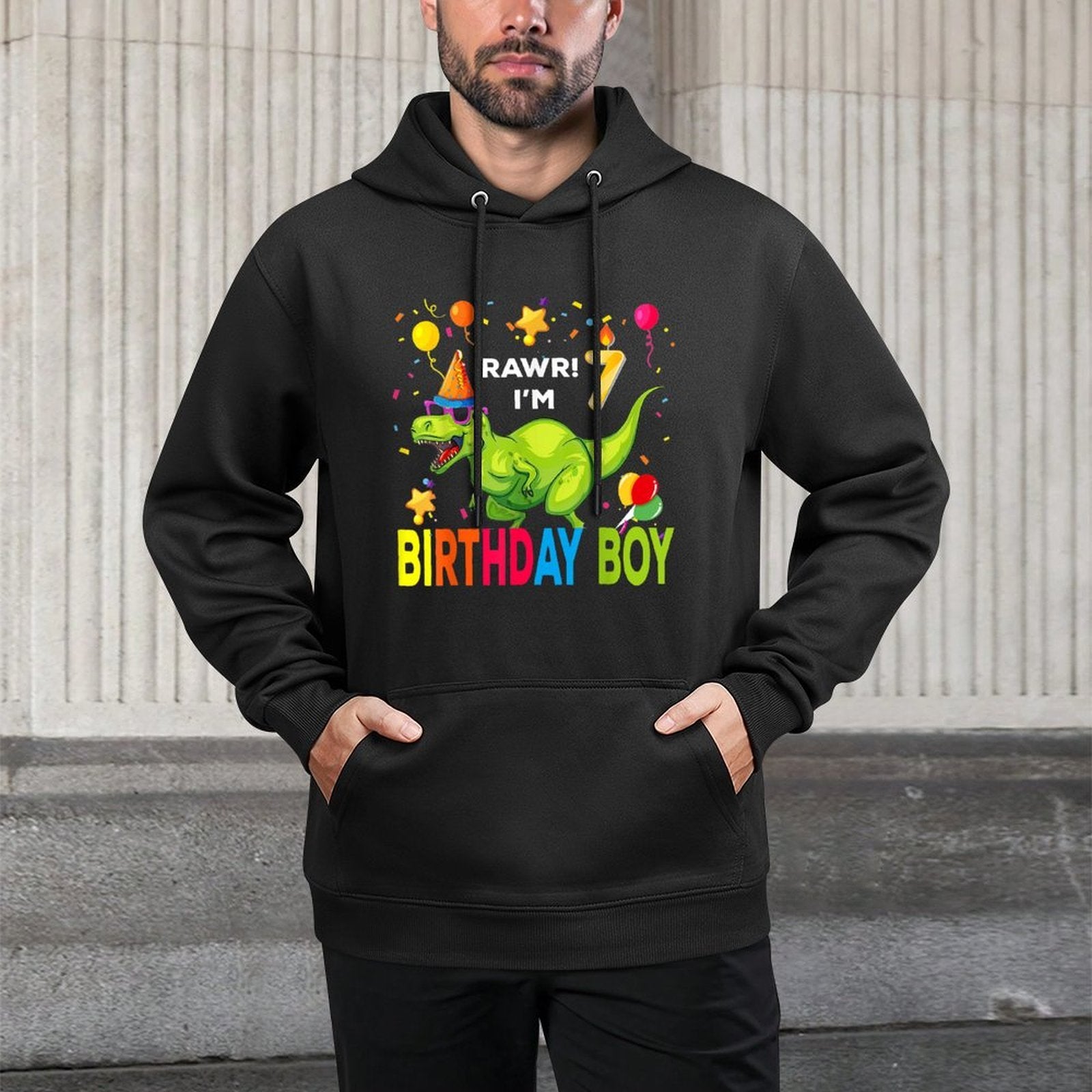 "7th Birthday Dinosaur T Rex 7 Year Old Boy Kids" Colorfast Hoodie