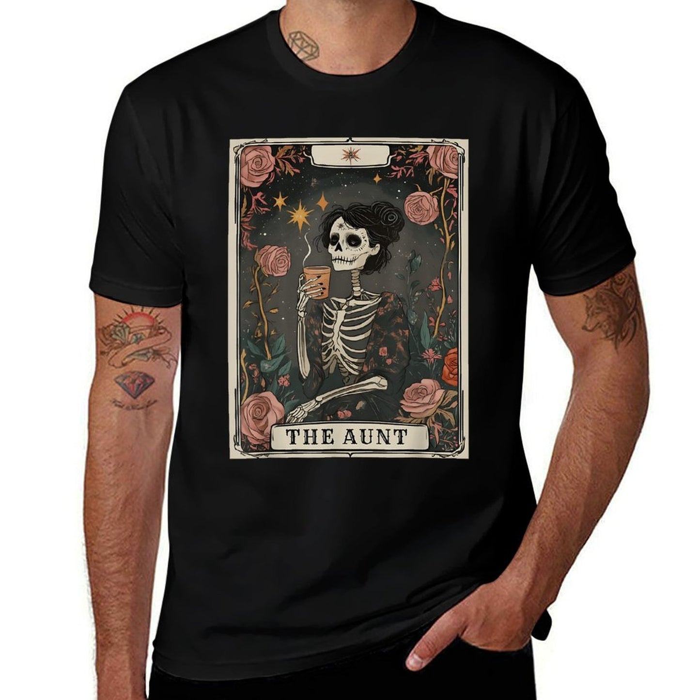 The Aunt Tarot Card Women Skeleton Aunty Coffee Lover Cotton T-Shirt