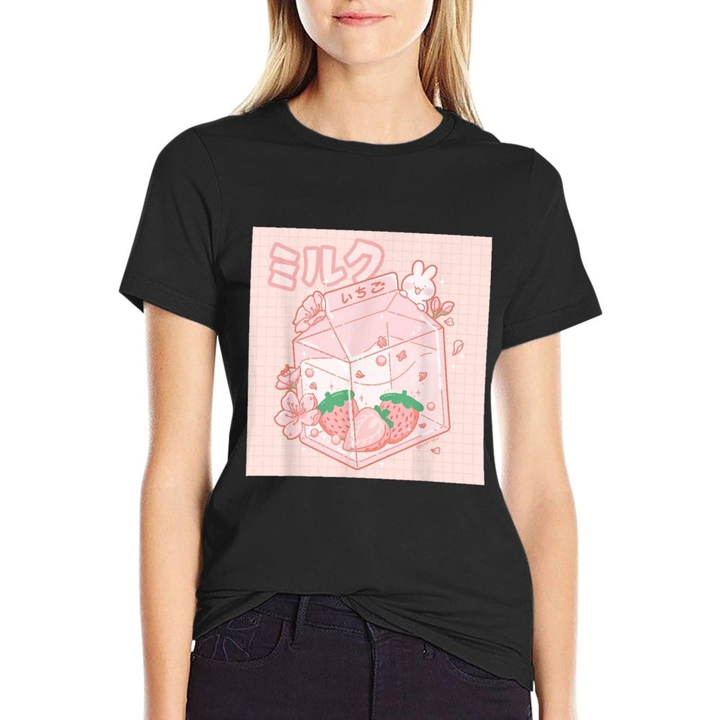 Strawberry Milk Bunny Japanese Kawaii Anime Aesthetic Pink Heathered Texture T-Shirt