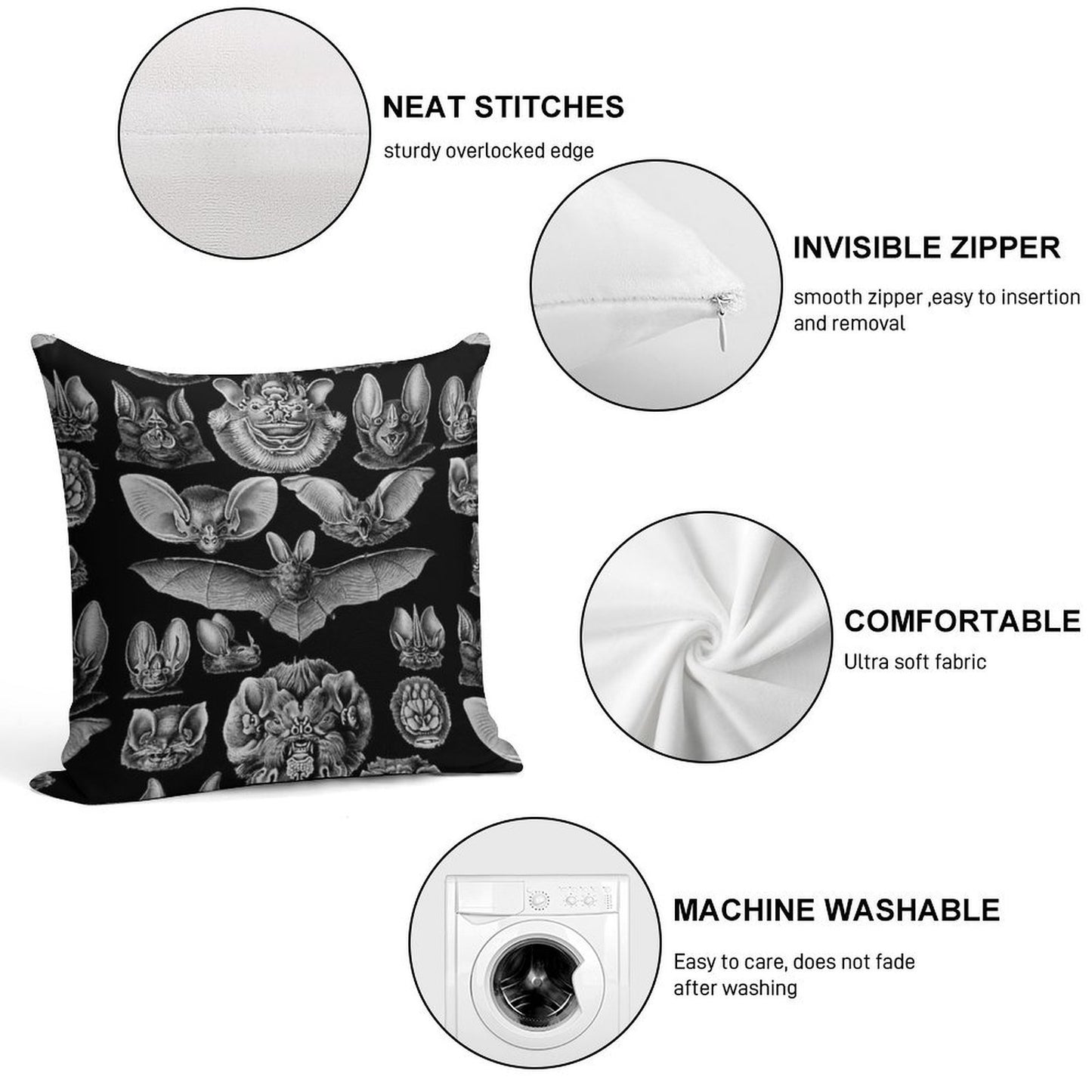 1904 Haeckel Chiroptera Soft Shrink-Resistant Throw Pillow
