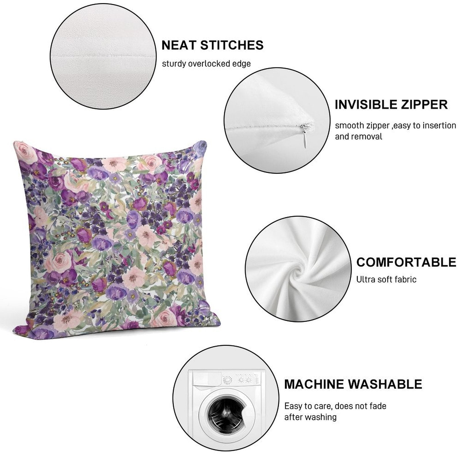 Pink Purple Watercolor Floral Botanical Soft Shrink-Resistant Throw Pillow
