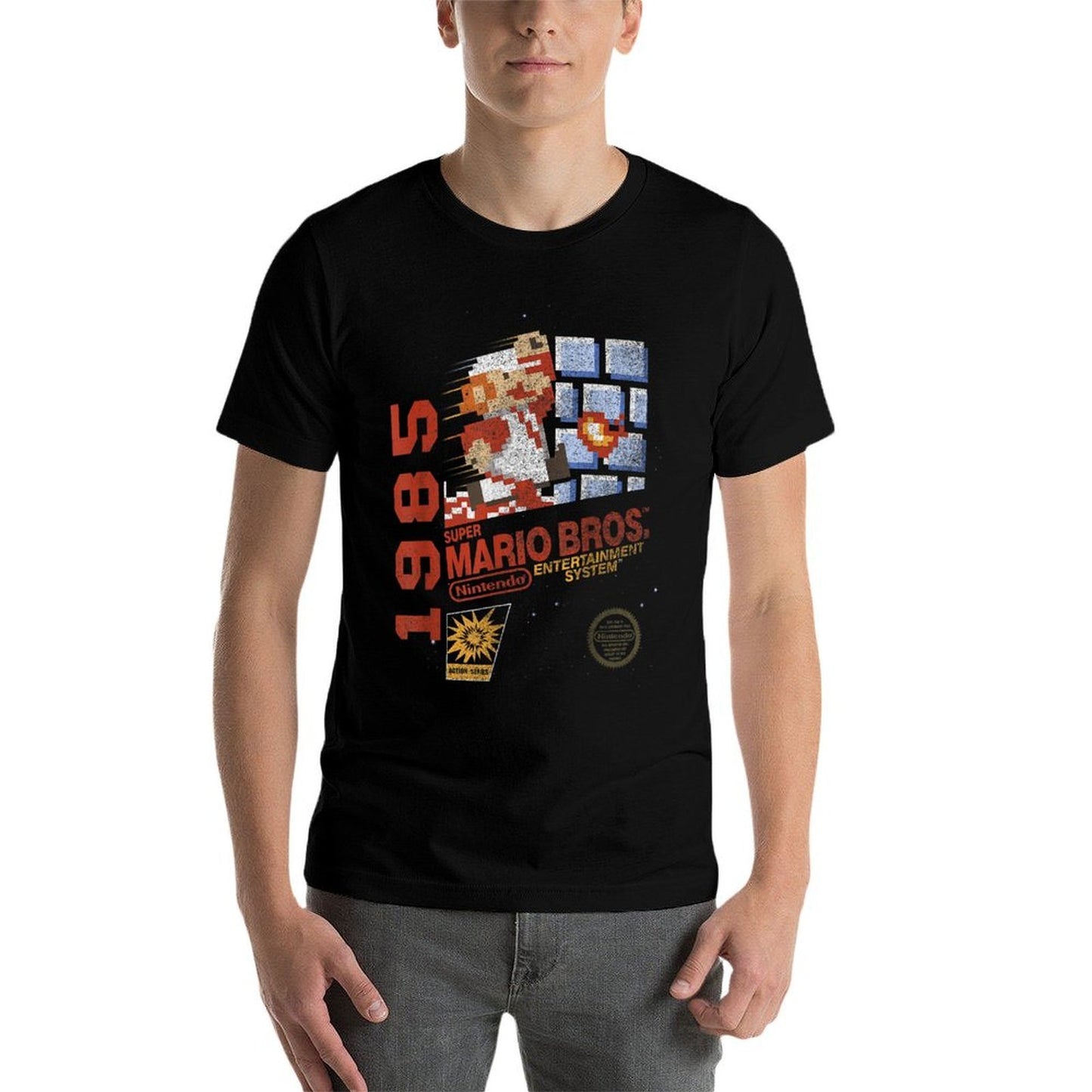 Super Mario Bros NES 1985 Retro 8-Bit Nintendo Game Cover Ribbed Collar T-Shirt