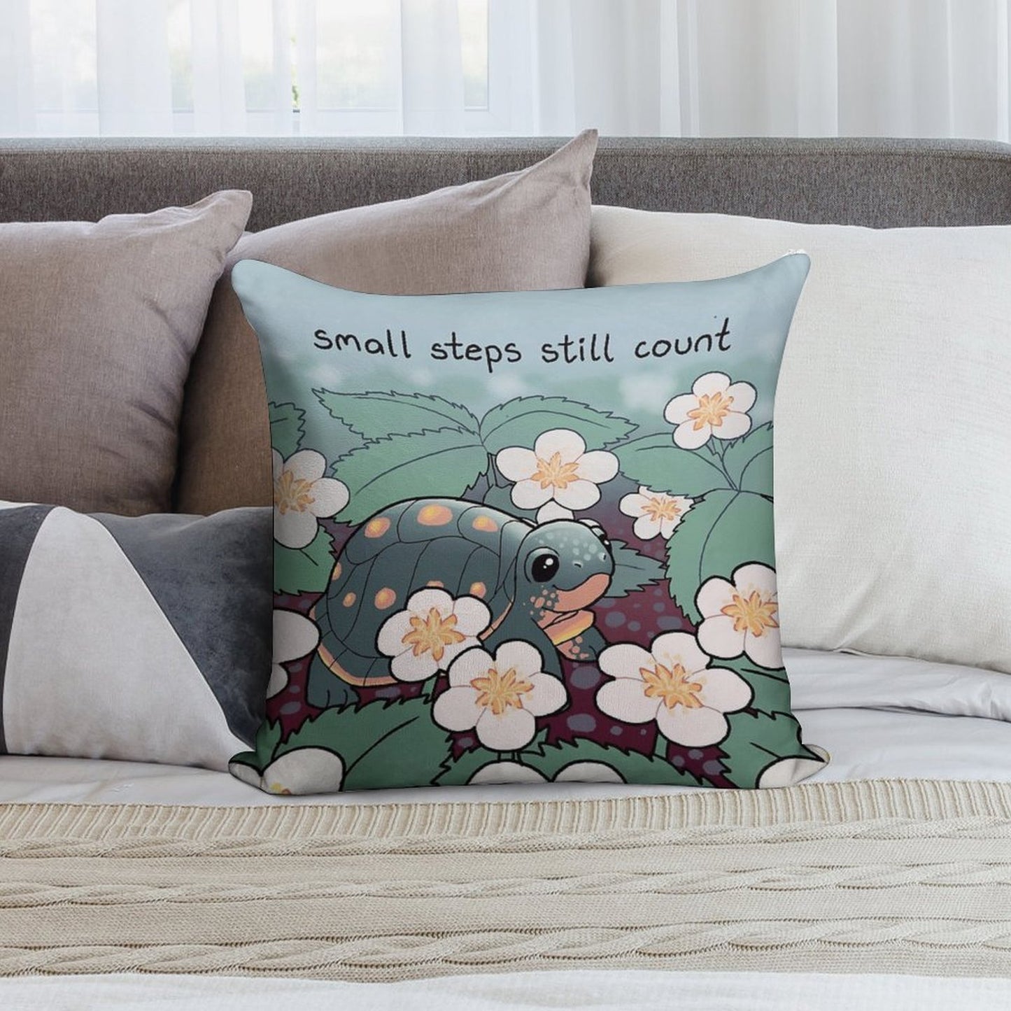 Small Steps Still Count Baby Turtle in Strawberry Flowers Soft Warmth Comfort Throw Pillow