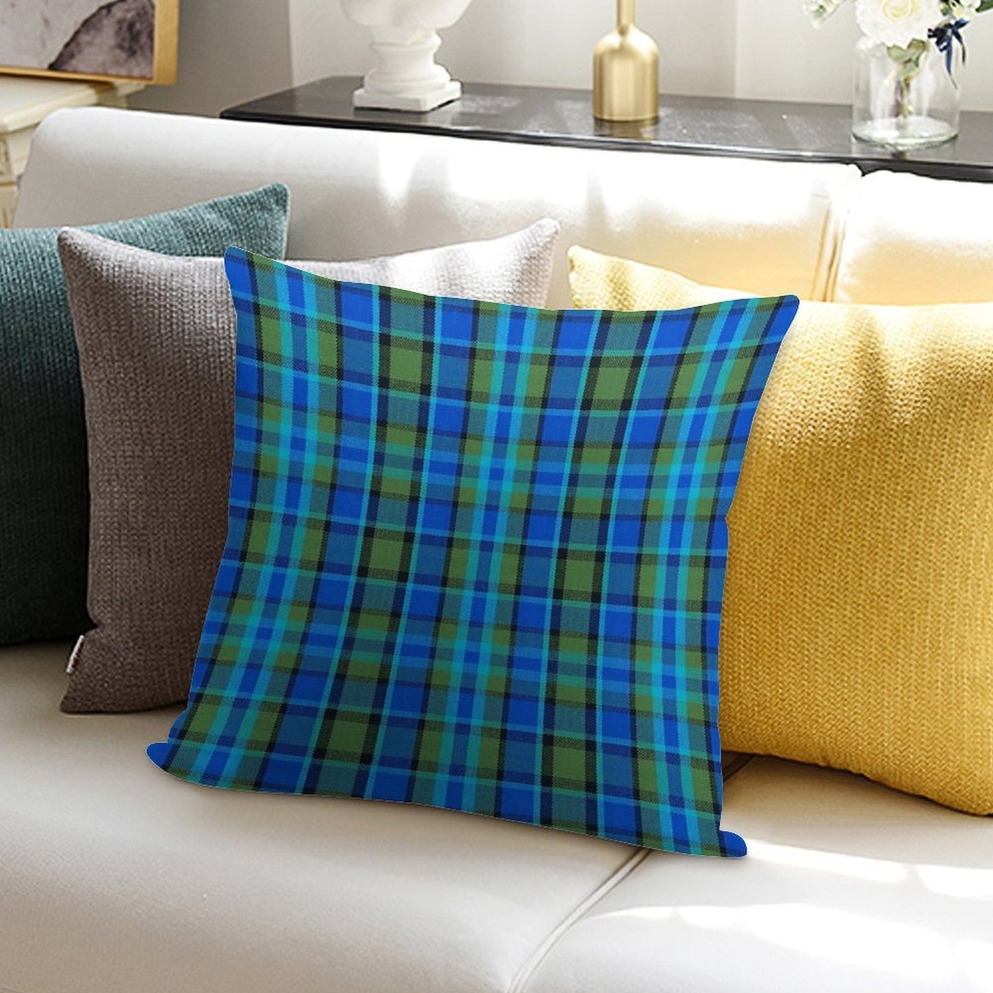 Westy Tartan Blue Plaid for Bulli Bus Camper Soft Multiple Sizes Throw Pillow