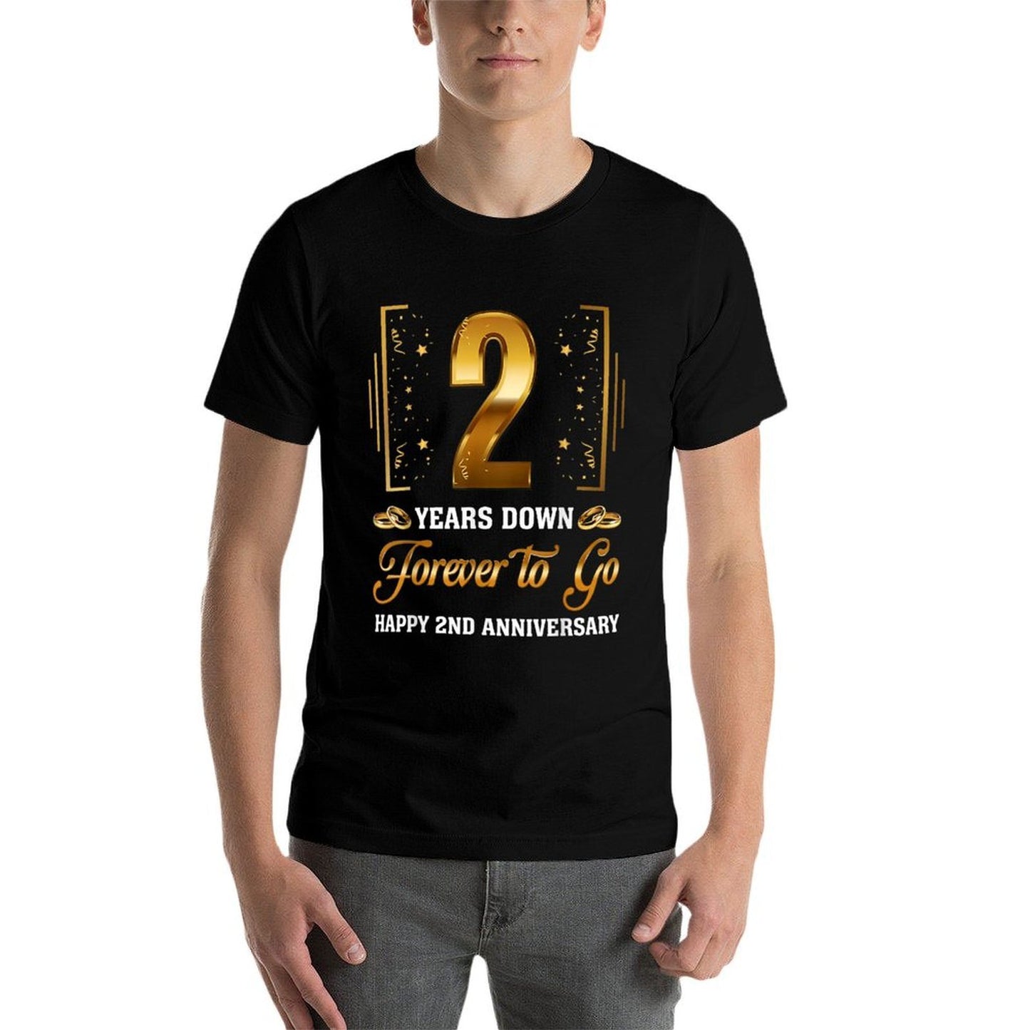 2 Years Down Forever To Go Couple 2nd Wedding Anniversary High-quality Stitching T-Shirt