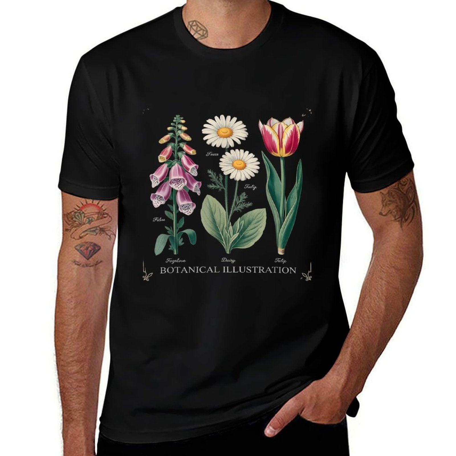 Foxglove Daisy Tulip Spring Bloom Botanical Artwork  High-quality Stitching T-Shirt