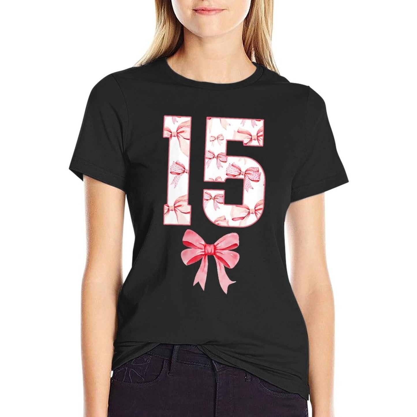 Womens 15th Coquette Birthday Party Fifteen Year Old Bow Durable T-Shirt