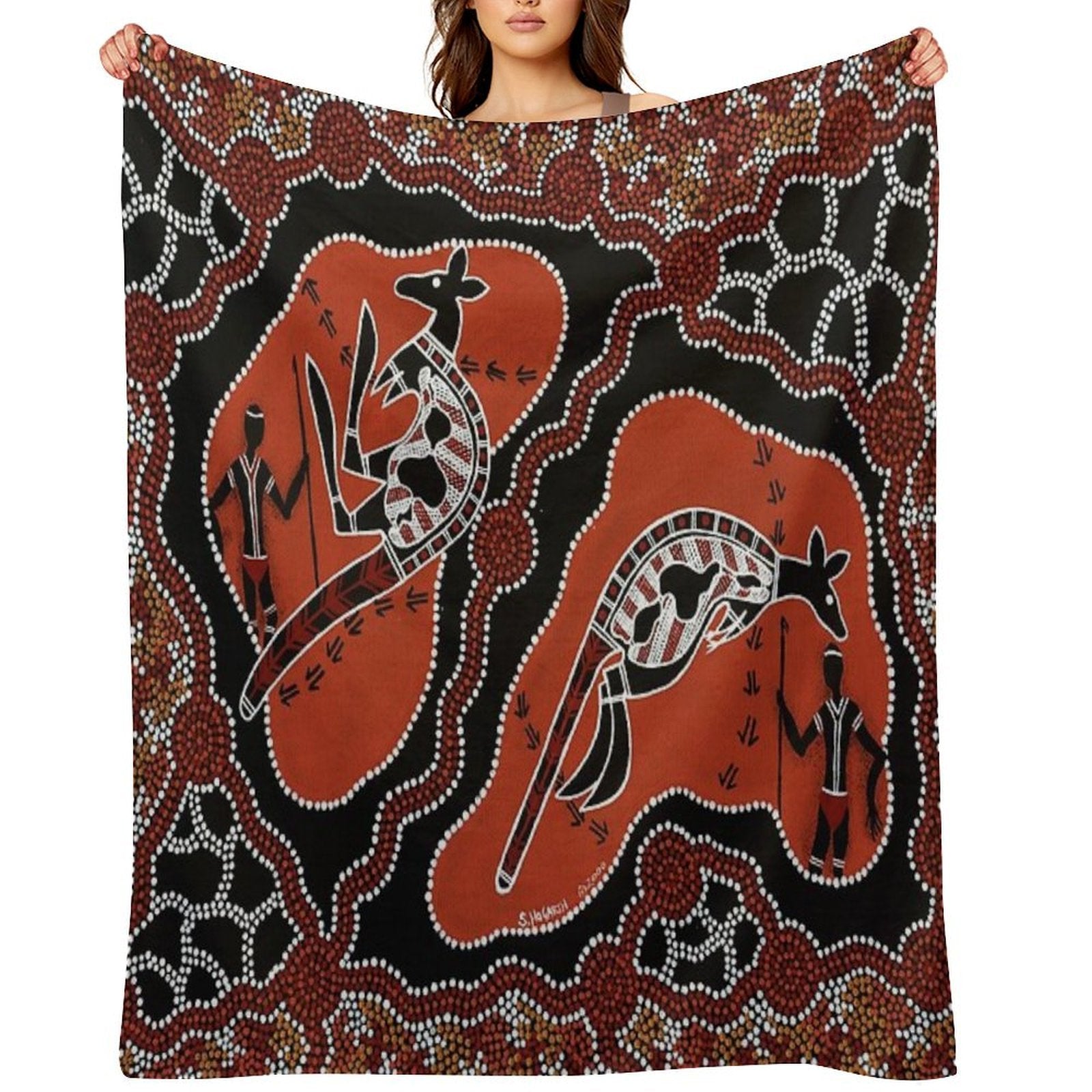 Authentic Aboriginal Art -  Men Kangaroo Hunting Easy Care Throw Blanket