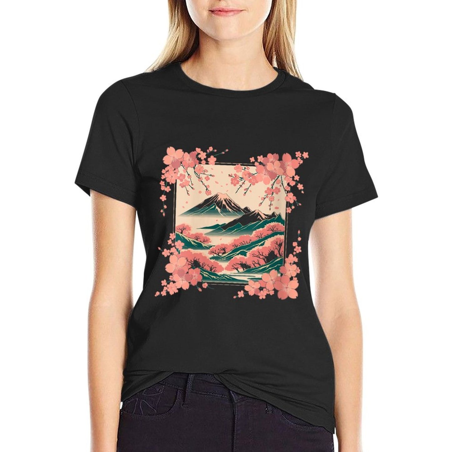 Womens Vintage Japanese Flower Cherry Blossom Mountain Landscape Durable T-Shirt